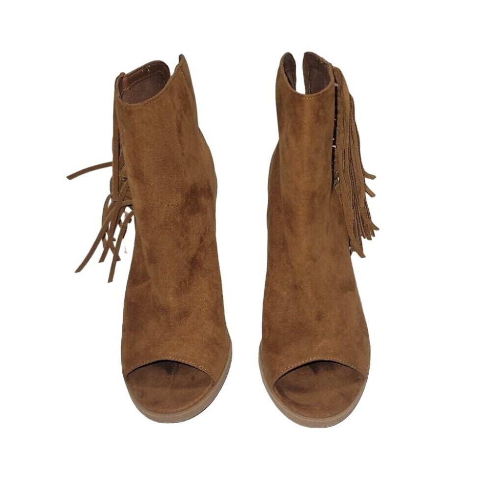 Women 8.5 Fringe Brown Peep Toe Block Heel‎ AnkleBoots Festival Boho Cowgirl Y2K